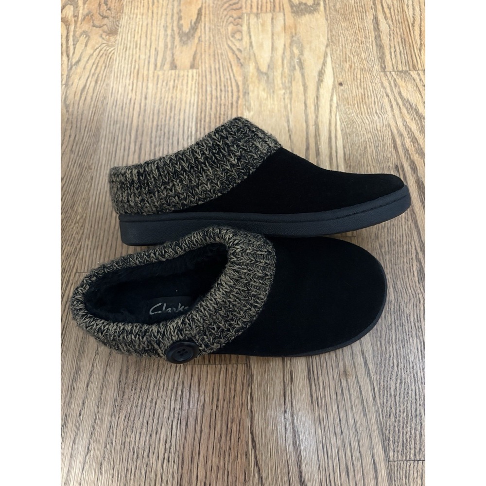 Clarks Womens Shoe Black Suede Sweater Clog Slippers Patterned Knit Collar Sz 8M